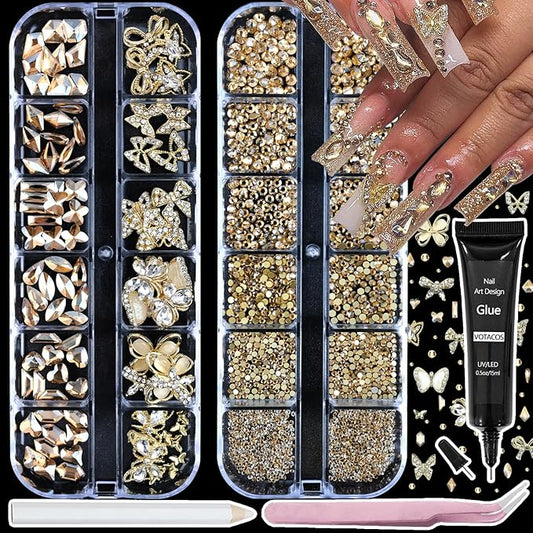 Nail Art Charms Rhinestones with Glue Gel Champagne Nail Rhinestones Supplies Accessories Gold Butterfly Multi Shape Crystal AB Rhinestone Nails Gems Jewelry for Women Nails Design