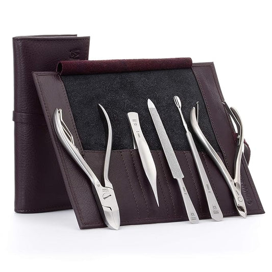 GERMANIKURE 5pc Manicure Set in Deep Purple Leather Case - Made in Germany, FINOX Stainless Steel Tools – Professional Mens Grooming Kit