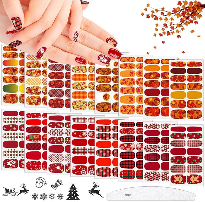 224 Pieces 16 Sheets Women's Nail Wraps Christmas Nail Polish Strips Stickers for Nails Self Adhesive Maple Leaf Fall Nail Wraps Fingernail Stickers with Nail File for Women Girls