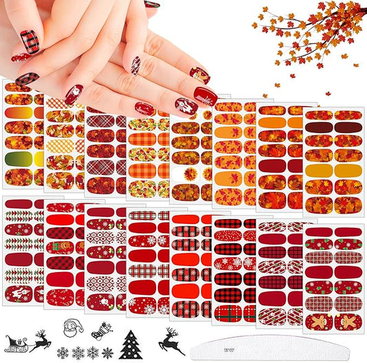 224 Pieces 16 Sheets Women's Nail Wraps Christmas Nail Polish Strips Stickers for Nails Self Adhesive Maple Leaf Fall Nail Wraps Fingernail Stickers with Nail File for Women Girls
