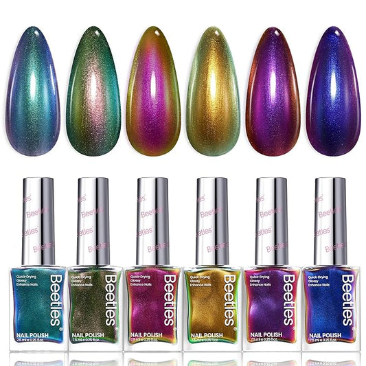 Beetles Chrome Nail Polish Set - Chameleon Holographic Ember 6 Colors Quick Fast Dry Metallic Nail Polish Long Lasting DIY Fingernail Art Home Salon Christmas Gifts for Girls Women