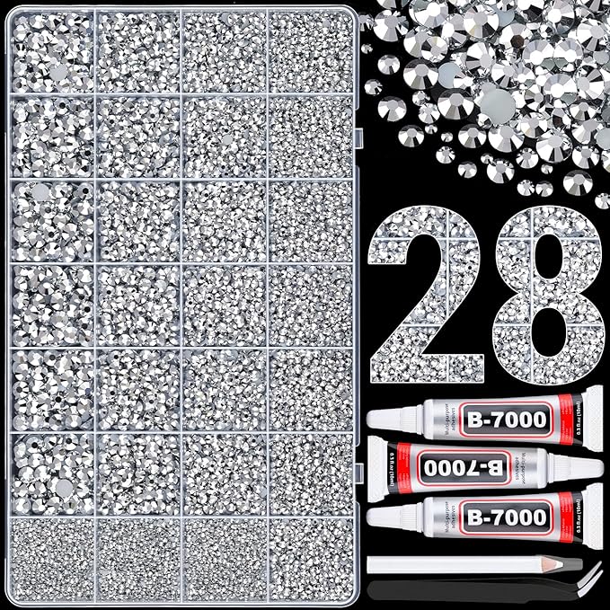 30000Pcs Resin Rhinestones for Bedazzling with 3Pcs B7000 Jewelry Glue, Silver Flatback Gems Rhinestones for Crafting, Clothing Tumblers Mugs Shoes Fabric Decor Nail Art
