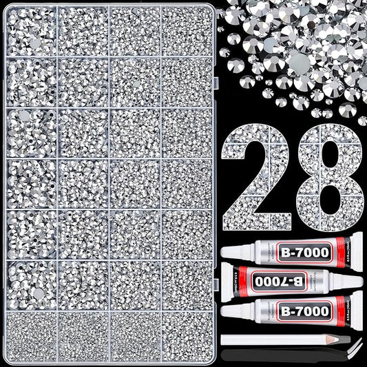 30000Pcs Resin Rhinestones for Bedazzling with 3Pcs B7000 Jewelry Glue, Silver Flatback Gems Rhinestones for Crafting, Clothing Tumblers Mugs Shoes Fabric Decor Nail Art