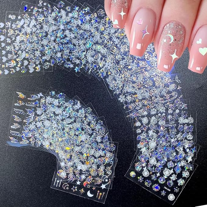 30 Sheets Aurora Flower Nail Art Stickers 3D Self Adhesive Flower Nail Stickers Aurora Moon Star Nail Decals Leaf Heart Nails Art Supplies Charms for Women Manicure Tips Decoration