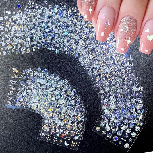 30 Sheets Aurora Flower Nail Art Stickers 3D Self Adhesive Flower Nail Stickers Aurora Moon Star Nail Decals Leaf Heart Nails Art Supplies Charms for Women Manicure Tips Decoration