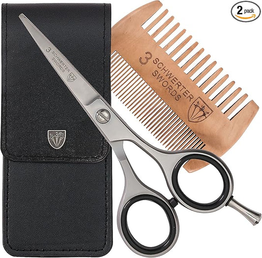 3 Swords Germany – professional BEARD MUSTACHE HAIR SCISSORS with BEARD COMB, stainless steel, straight blade, sharp, with black case