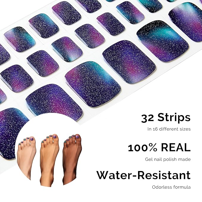 NAILOG Semi Cured Gel Nail Strips, Toe Nail Polish Strips with Glossy Gel Finishing | Buy 3 Get 1 UV Lamp| 32 Pieces Long Lasting Pedi Stickers | Aurora