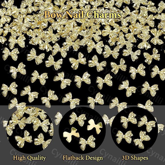 80 Pcs Metal Gold Nail Charm Bows, 3D Shiny Bow Nail Gems Charms, Cute Alloy Bowknot Y2K Nail Jewelry Charms for Nail Art Decor DIY Accessories Crafts