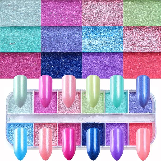 12 Colors Nail Powder Holographic Pearl Color Aurora Pigment Nail Art Glitter Dust Design Women Girls Manicure Tips Charms Decoration 3D Nails Supplies for Nail Art Gel Polish Dipping Liquid Powders