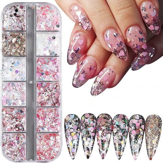 12 Grids Mixed Star Fragment Nail Art Glitters Sequins Holographic Heart Nail Sequins Hexagon Sparkles Stars Design Laser Nail Flakes Glitters Accessories for Women Manicure DIY Nail Decorations