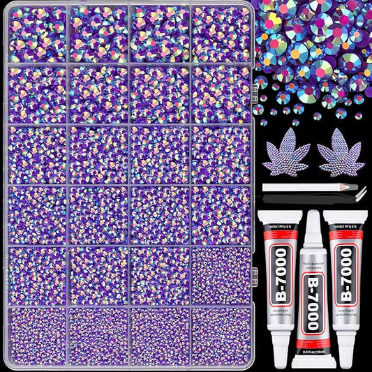 25000Pcs Resin Rhinestones with B7000 Jewelry Glue for Crafting, Dark Purple AB 2-6mm Non Hotfix Flatback Gems, Bedazzling Crystal for DIY Crafts Clothing Tumblers Mugs Shoes Fabric Decor Nail Art