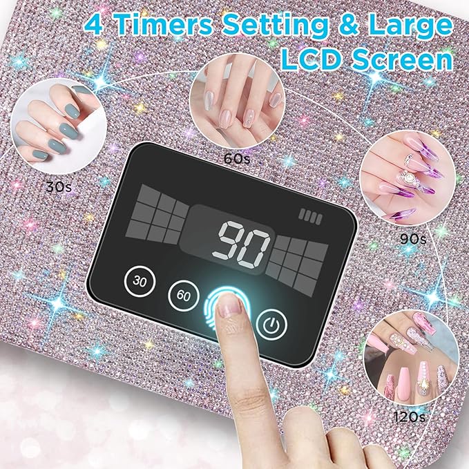 Aedavey Cordless UV Nail Lamp, Rechargeable UV Light for Gel Nails, LED Nail Lamp with 4 Timer Modes, Gel Nail UV Light Decorate with Sparkling Nail Rhinestones