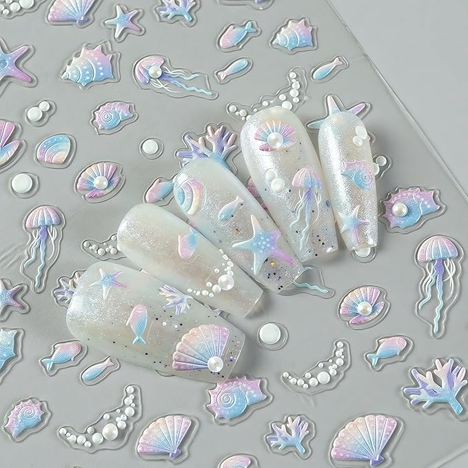 1 Sheets Embossed Shell Starfish Nail Art Stickers 5D Self Adhesive Summer Marine Life Fishtail Pearl Decals for Women Girls Manicure DIY Decorations Exquisite Cardboard Set