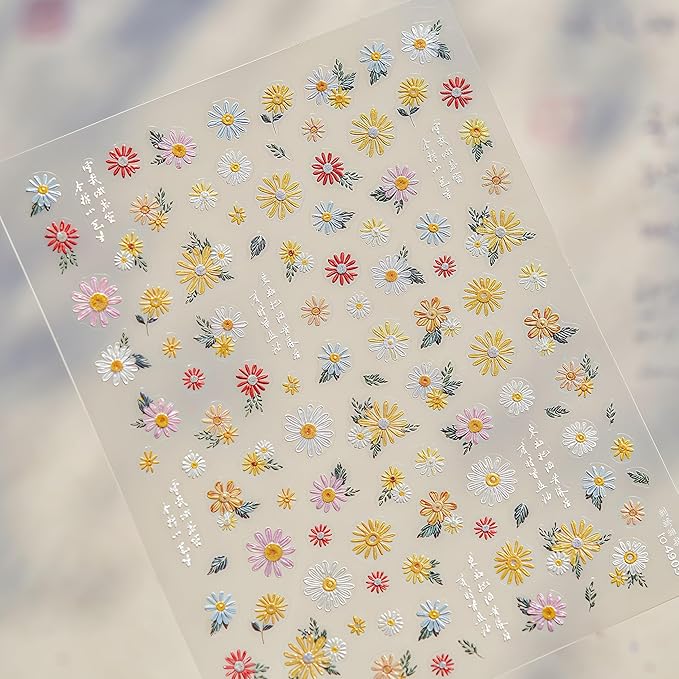 Colorful Flowers Nail Stickers 5D Self-Adhesive Embroidered Daisy Floral Design Decals Spring Daisy Flowers Nail Art Charms for Women DIY Decorations Exquisite Cardboard 1Sheets Set