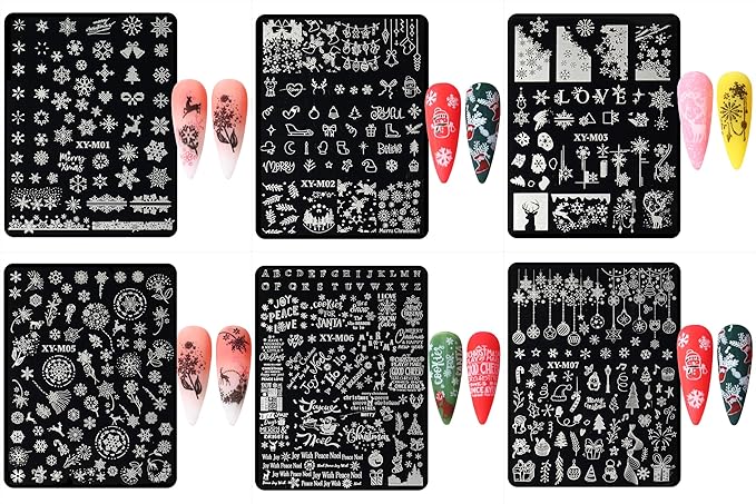 6Pcs Christmas Stamping Plates Set Winter Nail Stamp Kit Xmas Art Image Plates With Snowflakes Tree Bell Snowman Elk Designs DIY Stainless Steel Polish Template