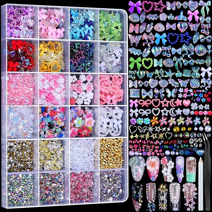 FAMDAMEI 24 Grid Nail Charms, Nail Art Kit with Multi Shapes Nail Charms and Gems, Flatback AB Nail Rhinestones Gold Nail Pearls, Colorful 3D Hawaii Flowers Nail Jewels for DIY Nail Design for Crafts