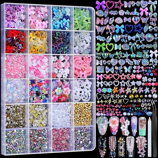 FAMDAMEI 24 Grid Nail Charms, Nail Art Kit with Multi Shapes Nail Charms and Gems, Flatback AB Nail Rhinestones Gold Nail Pearls, Colorful 3D Hawaii Flowers Nail Jewels for DIY Nail Design for Crafts