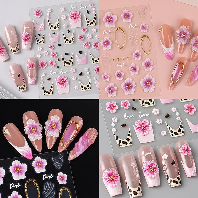 4 Sheets Flower Nail Art Stickers Decals 5D Embossed Flower Leopard French Line Nail Decals Pink Floral Leopard Nail Art Design Pink Flowers Coil Nail Supply for Women Winter DIY Manicure Decorations
