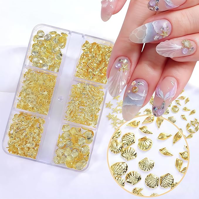 2 Boxes Summer Shell Nail Art Charms 3D Metal Mixed Shapes Gold Shell Seahorse Starfish Conch Alloy Nail Rivets with Flatback Pearls Nail Charms Summer Ocean Theme DIY Crafts Manicure Decoration