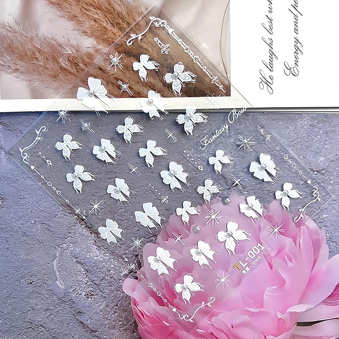 Lace Bow Nail Art Stickers 5D Embossed White Lace Pearl Bow Nail Stickers Cute Bow Pearl Rhinestone Design Women Girls DIY Nail Art Decoration 1 Sheet