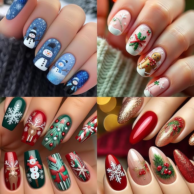 4 Pcs Christmas Nail Art Stickers 5D Micro Embossed Self-Adhesive Snowman Gingerbread Man Snowflake Bow Holly Leaf Nail Decals Xmas Tree Santa Claus Nail Supplies for Women Winter Holiday DIY Manicure