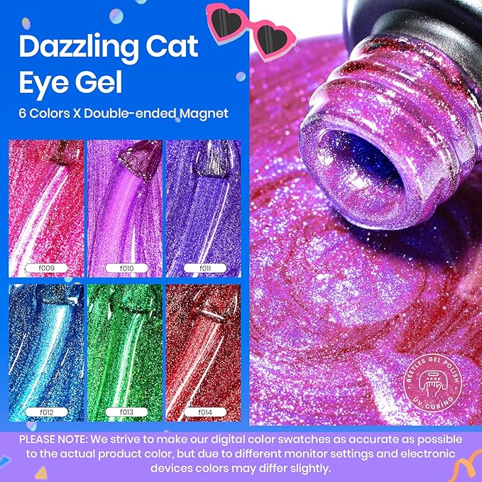Beetles Cat Eye Gel Nail Polish, 6 Colors Christmas Cat Eye Glitter Gel Polish Set Neon Red Pink Purple Blue Green with Magnet Velvet Gel Kit Soak Off UV French Nail Art Manicure Gift for Women