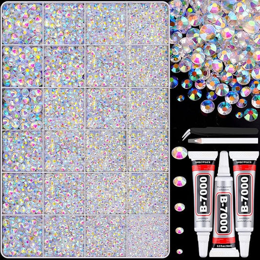 30000Pcs Resin Transparent AB Rhinestones for Bedazzling Crafting with b7000 Jewelry Glue, Bulk Flatback Gems Bedazzler Kit for Crafts Clothes Shoes Fabric Nail Diamond Art, Assorted Size 2/3/4/5/6mm