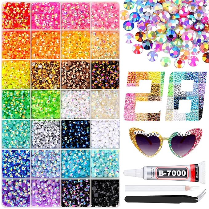 8000Pcs Resin Rhinestones with B7000 Jewelry Glue for Crafting, Multicolors 5mm Non Hotfix Flatback Gems, Bedazzling Crystal for DIY Crafts Clothing Tumblers Mugs Shoes Fabric Decor Nail Art