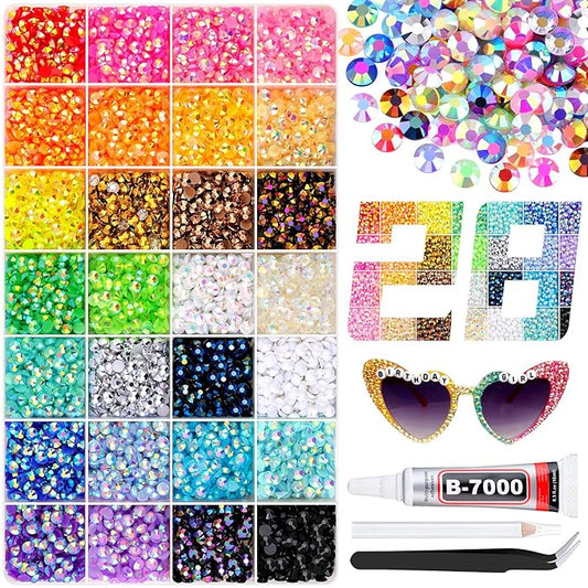 8000Pcs Resin Rhinestones with B7000 Jewelry Glue for Crafting, Multicolors 5mm Non Hotfix Flatback Gems, Bedazzling Crystal for DIY Crafts Clothing Tumblers Mugs Shoes Fabric Decor Nail Art