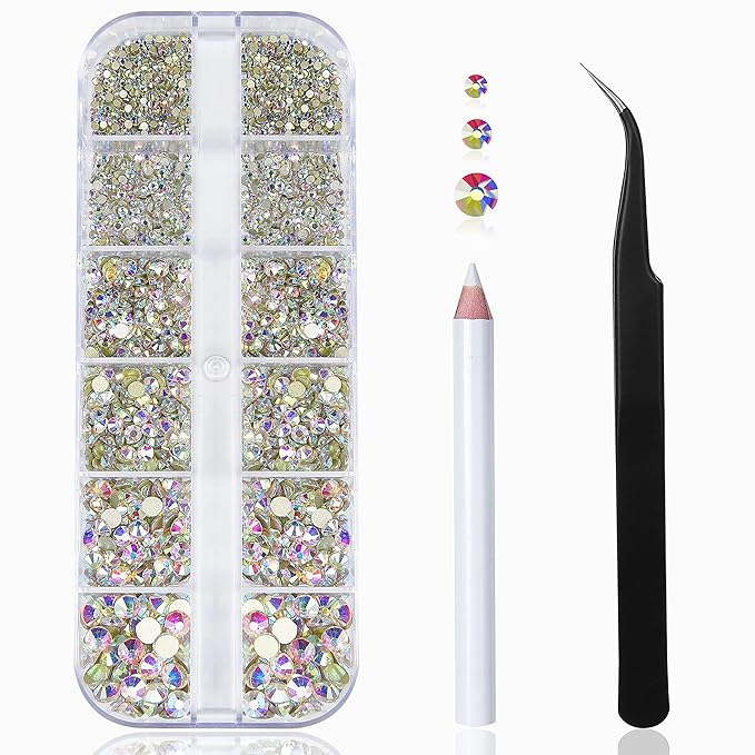 HUETFAT 2400 Pieces Flat Back Gems Round Crystal AB Rhinestones 6 Sizes (1.9-4.5 mm) with Storage Organizer Box Wax Pencil Tweezers for Nail Art Clothes Shoes Bags Crafts DIY （Crystal AB）