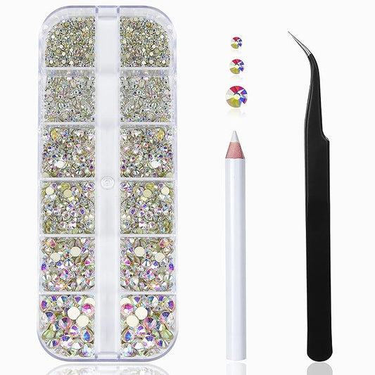 HUETFAT 2400 Pieces Flat Back Gems Round Crystal AB Rhinestones 6 Sizes (1.9-4.5 mm) with Storage Organizer Box Wax Pencil Tweezers for Nail Art Clothes Shoes Bags Crafts DIY （Crystal AB）