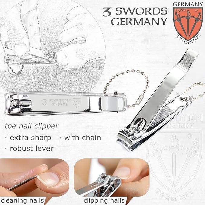 3 Swords Germany - Brand Quality 4 Piece Manicure Pedicure Grooming kit Set for Professional Finger & Toe Nail Care Tweezers File Clipper Brown Synthetic Leather case - Made by 3 Swords