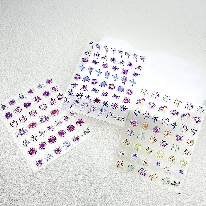 3Sheets Independence Day Colorful Firework Nail Art Stickers 4th of July Embossed Nail Art Decals Design,Holographic Patriotic Starry Sky Sparkling Fireworks for Women Memorial Day Manicure Decoration