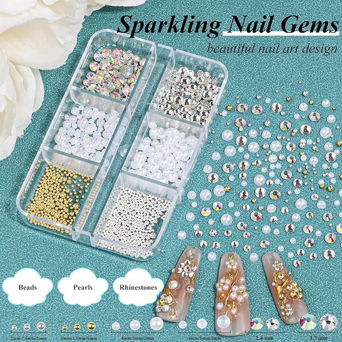 4 Boxes 3D Flower Nail Charms and Gems - Colorful Nail Flower Charms Crystal AB Clear Gemstones Silver/Gold Caviar Beads White/AB Pearls for Women DIY Manicure Crafts (21-S4-Colorful1)