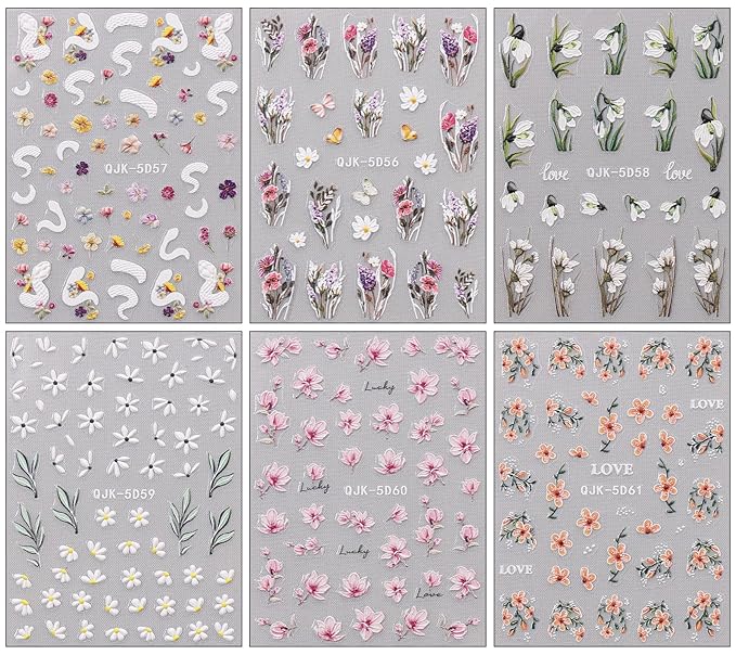 JMEOWIO 6 Sheets 3D Embossed Spring Flower Nail Art Stickers Decals Self-Adhesive Pegatinas Uñas 5D Colorful Summer Floral Lavender Nail Supplies Nail Art Design Decoration Accessories
