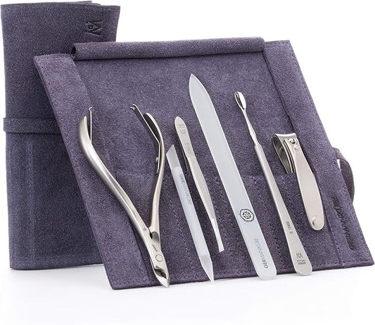 GERMANIKURE 6pc Manicure Set in Purple Suede Case - FINOX Stainless Steel Tools Made in Germany, Glass Nail Care Supplies Made in Czech Republic – Professional Cuticle and Nail Care Kit