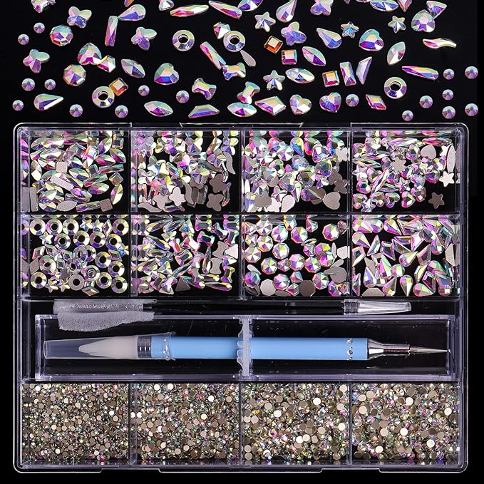 3320Pcs AB Nail Art Rhinestones Crystal,HOINCO 3D Rhinestones Gems Jewels Diamond,24 Types of 320 Diamonds + 3000 Round Beads, Crystals 3D Flat Back Gemstones for Nail DIY Crafts with Tweezers Pen