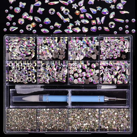 3320Pcs AB Nail Art Rhinestones Crystal,HOINCO 3D Rhinestones Gems Jewels Diamond,24 Types of 320 Diamonds + 3000 Round Beads, Crystals 3D Flat Back Gemstones for Nail DIY Crafts with Tweezers Pen