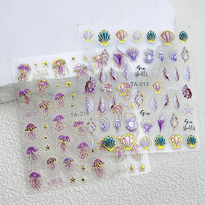 2 Sheets Summer Nail Art Stickers 5D Embossed Beach Shell Starfish Cute Dolphin Mermaid Pearl Jellyfish Designs Self Adhesive Nails Supplies Blue Summer Sea Theme Manicure Decorations for Women