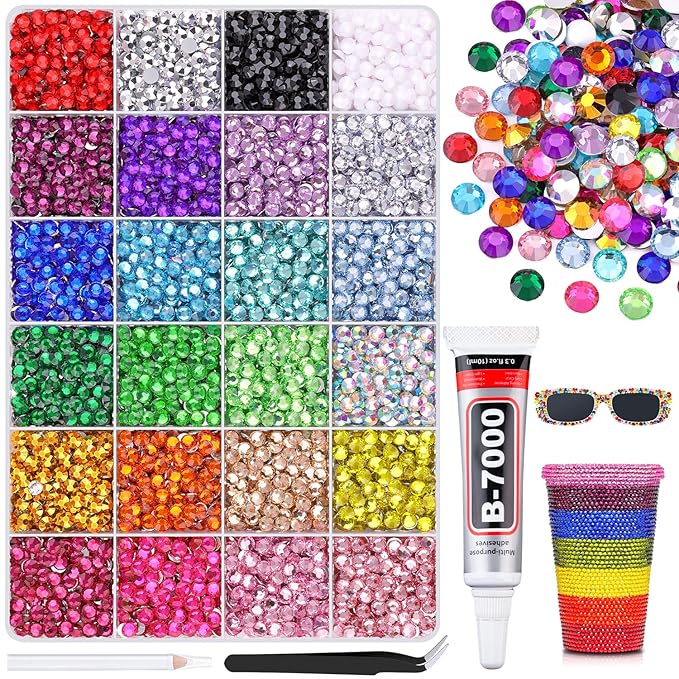 6600Pcs Resin Rhinestones with 1Pcs B7000 Jewelry Glue for Crafting, Multicolors 5mm Non Hotfix Flatback Gems, Bedazzling Crystal for DIY Crafts Clothing Tumblers Mugs Shoes Fabric Decor Nail Art