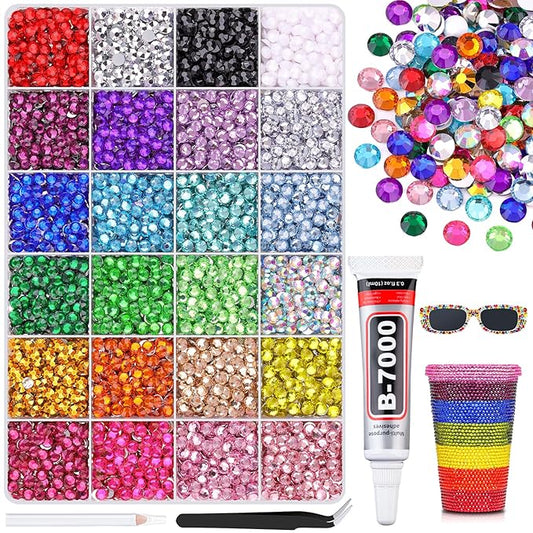6600Pcs Resin Rhinestones with 1Pcs B7000 Jewelry Glue for Crafting, Multicolors 5mm Non Hotfix Flatback Gems, Bedazzling Crystal for DIY Crafts Clothing Tumblers Mugs Shoes Fabric Decor Nail Art