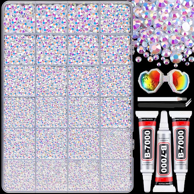 25000Pcs Resin Rhinestones with B7000 Jewelry Glue for Crafting, White AB 2-6mm Non Hotfix Flatback Gems, Bedazzling Crystal for DIY Crafts Clothing Tumblers Mugs Shoes Fabric Decor Nail Art