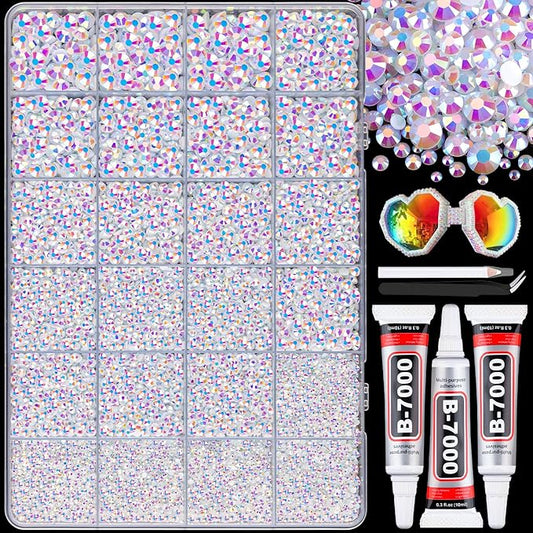 25000Pcs Resin Rhinestones with B7000 Jewelry Glue for Crafting, White AB 2-6mm Non Hotfix Flatback Gems, Bedazzling Crystal for DIY Crafts Clothing Tumblers Mugs Shoes Fabric Decor Nail Art