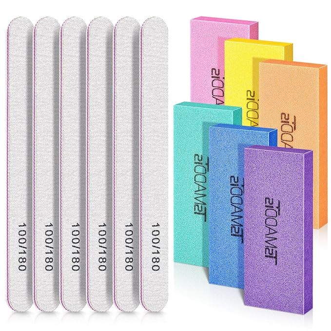 Nail Files and Buffers Set with 6PCS Rectangular Buffers and 6PCS White 100 180 Grit Files, Professional Nail Care Tools Kit for Women and Girls