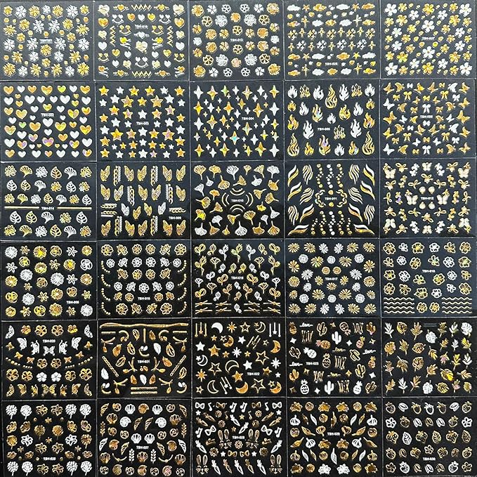 30 Sheets Gold Nail Art Stickers 3D Self Adhesive Star Nail Decals Gold Flower Nail Stickers for Nail Art Heart Snowflake Nail Art Design Decoration Accessories for Women and Girls, Style 2