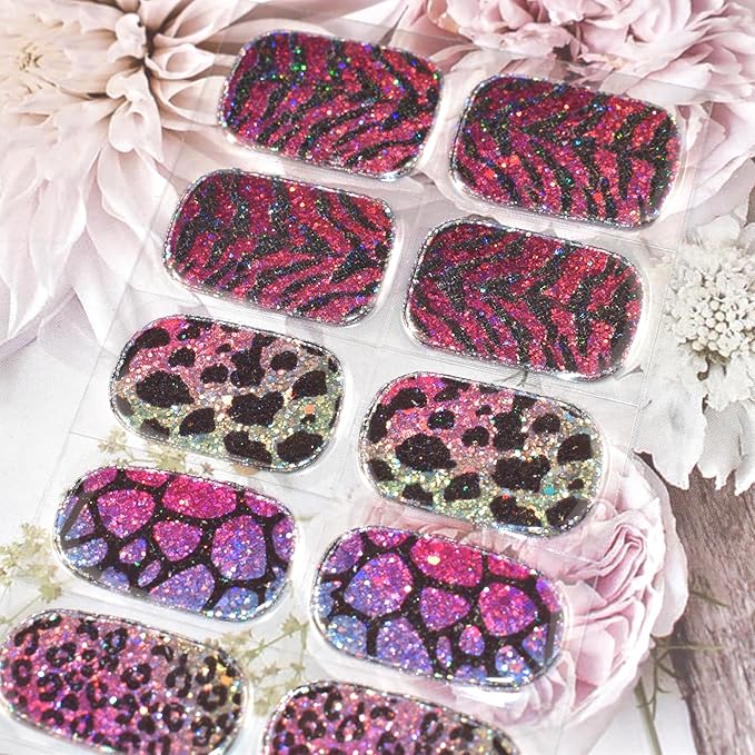Semi Cured Gel Nail Strips (Glitter Leopard)-22 PCS Manicure Stickers | Gel Nail Wraps | Light Required, Salon Quality & Easy to Use
