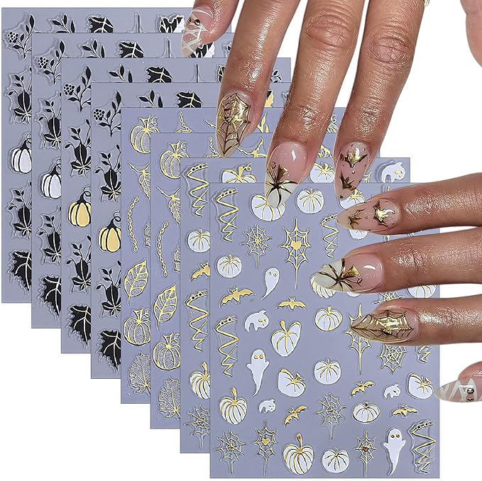 8 Sheets Halloween Nail Stickers 3D Self-Adhesive Glitter Pumpkin Ghost Black Leaf Nail Decals Gold Silver Pumpkin Spider Web Bat Design Nail Stickers for Halloween Party DIY Manicure Kit Decoration
