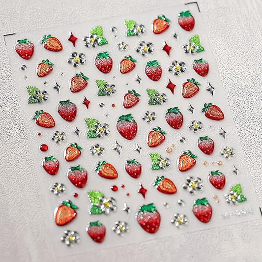1 Sheet Strawberry Nail Art Sticker 5D Embossed Self-Adhesive Gold Print Strawberry Fruit Nail Art Sticker Women Girls DIY Nail Decoration