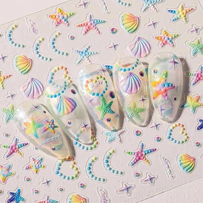 2 Sheets 5D Embossed Seashell Starfish Nail Art Stickers Summer Ocean Nail Stickers Colorful Fantasy Ocean Nail Stickers Shell Pearl Jelly Star Starfish Nail Supplies for Women Nail Decorations