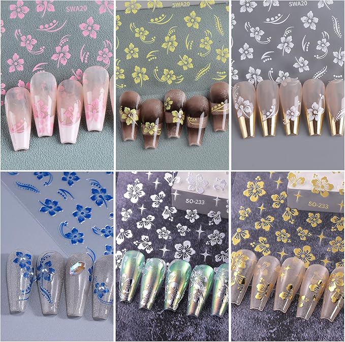 Flower Fall Stickers for Nails 10 PCS Brown Hibiscus Nail Art Decals 3/5D Self-Adhesive Pink Blue White Flowers Stickers Beach Autumn Nail Design DIY Charms Manicure Decoration Nail Supplies